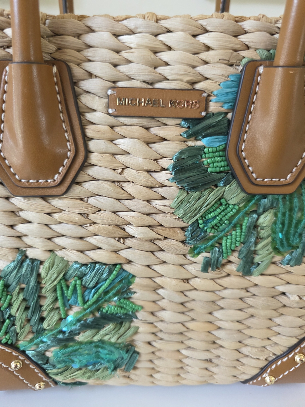 Michael Kors Malibu Straw Crossbody Tote Palm Leaf Embroidery + MK Wristlet - Picture 11 of 15